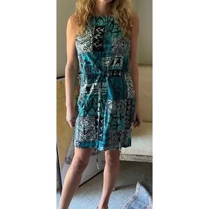 Vintage Teal Tribal Print Halter Mini Dress Sleeveless Tie Waist Turquoise Black